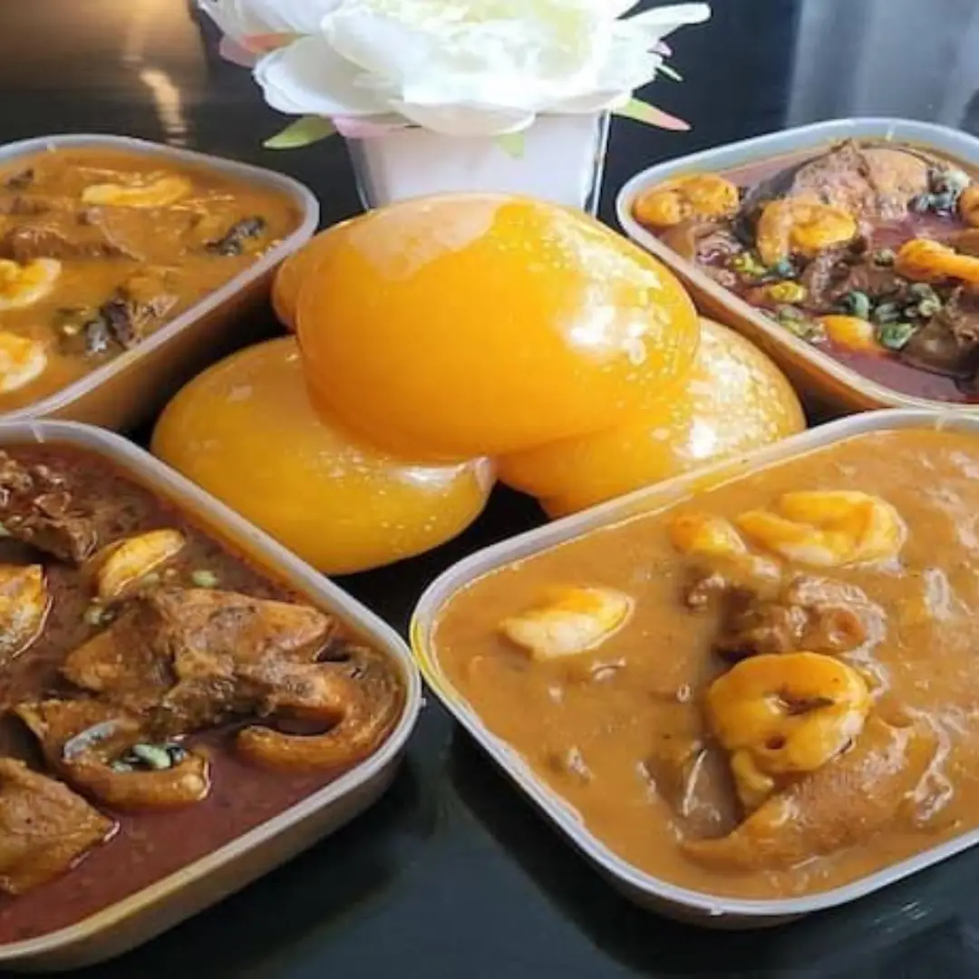 ohgwoSoup Ohgwo Soup with beef, cow leg, fish, and kpomo served with Eba, Fufu, or Wheat – Nigerian meal delivery Texas