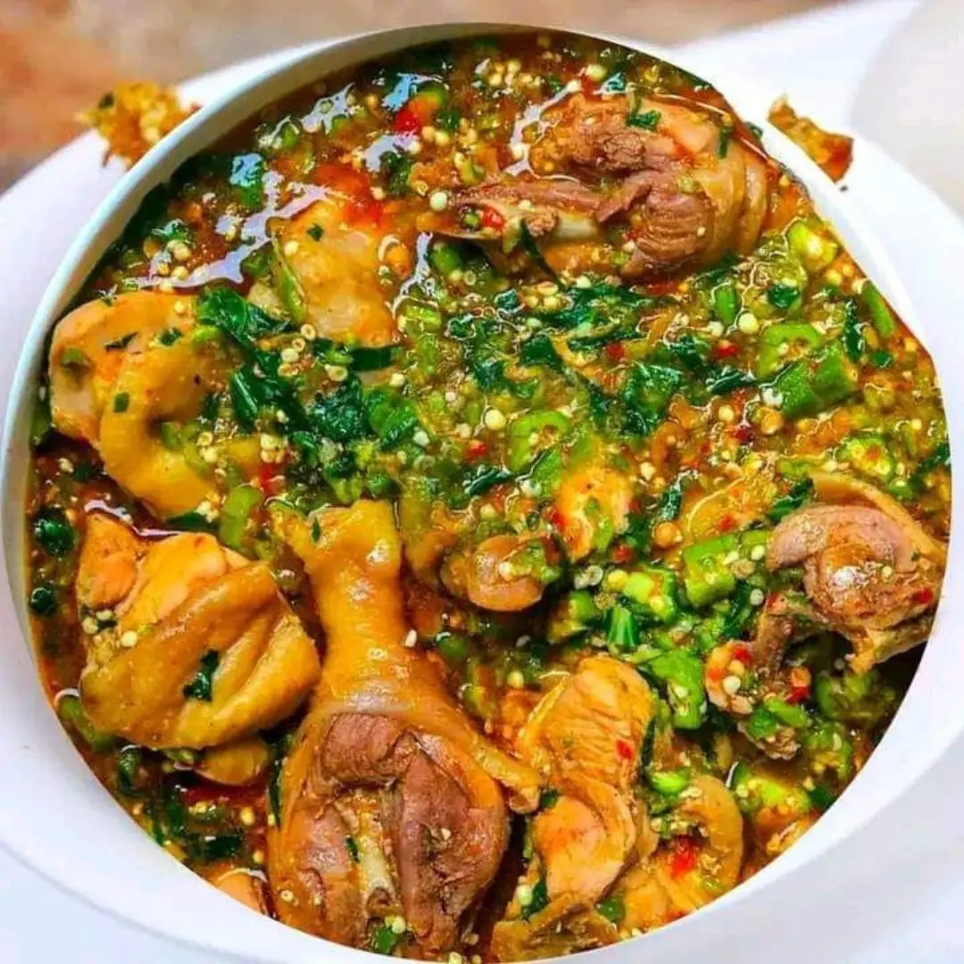 okroSoup Okro Soup with beef, cow leg, fish, and kpomo served with Eba, Fufu, or Wheat – Nigerian meal delivery